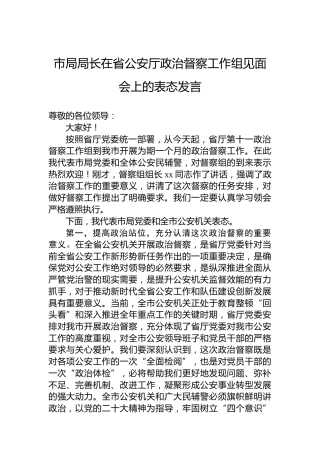 市局局长在省公安厅政治督察工作组见面会上的表态发言
