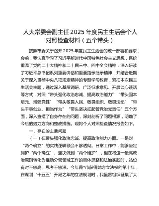 人大常委会副主任2025年度民主生活会个人对照检查材料（五个带头）
