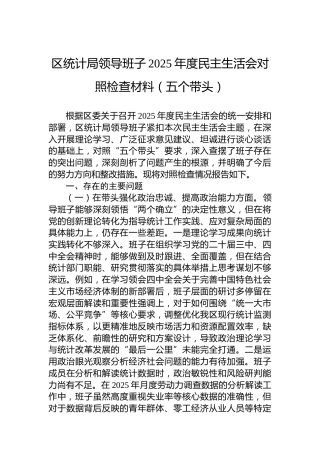 区统计局领导班子2025年度民主生活会对照检查材料（五个带头）