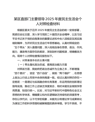 某区直部门主要领导2025年度民主生活会个人对照检查材料（五个带头）