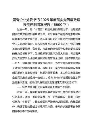 国企党委书记2025年度落实党风廉政建设责任制情况报告