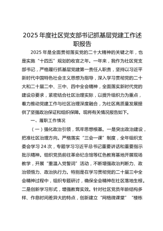 2025年度社区党支部书记抓基层党建工作述职报告