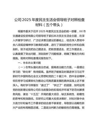 公司2025年度民主生活会领导班子对照检查材料（五个带头）
