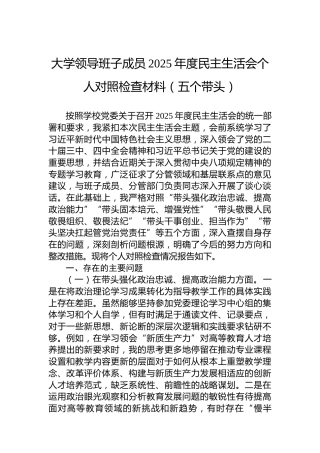 大学领导班子成员2025年度民主生活会个人对照检查材料（五个带头）
