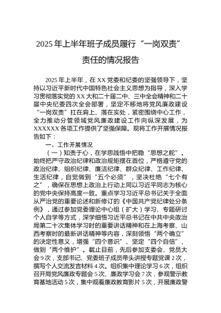 2025年上半年班子成员履行“一岗双责”责任的情况报告