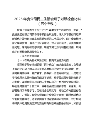 2025年度公司民主生活会班子对照检查材料（五个带头）