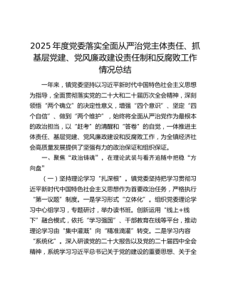 2025年度党委落实全面从严治党主体责任、抓基层党建、党风廉政建设责任制和反腐败工作情况总结