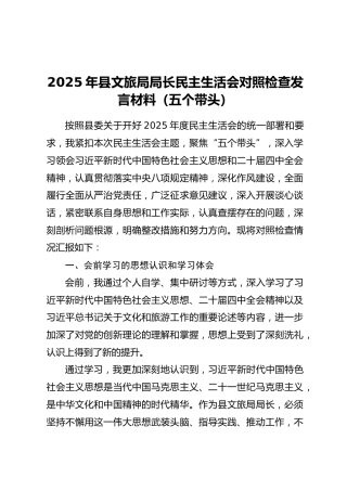 2025年县文旅局局长民主生活会对照检查发言材料（五个带头）