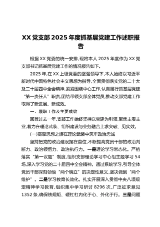 XX党支部2025年度抓基层党建工作述职报告