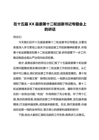 在十五届XX县委第十二轮巡察书记专题会上的讲话