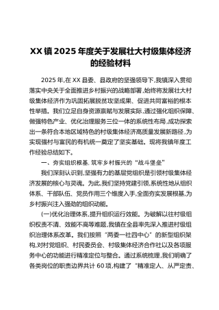 XX镇2025年度关于发展壮大村级集体经济的经验材料