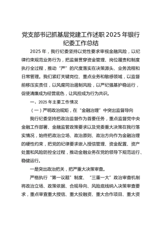 党支部书记抓基层党建工作述职2025年银行纪委工作总结
