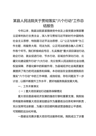 某县人民法院关于贯彻落实“六个行动”工作总结报告