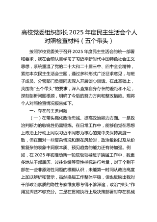 高校党委组织部长2025年度民主生活会个人对照检查材料（五个带头）_1