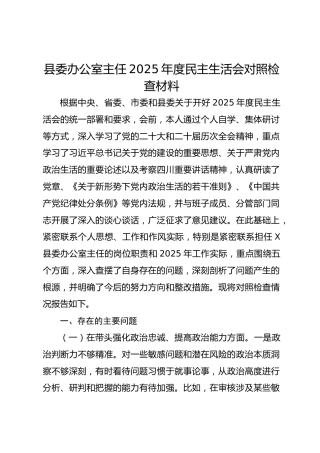 县委办公室主任2025年度民主生活会对照检查材料