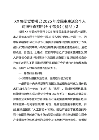 XX集团党委书记2025年度民主生活会个人对照检查材料(五个带头)2