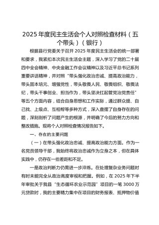 2025年度民主生活会个人对照检查材料（五个带头）（银行）