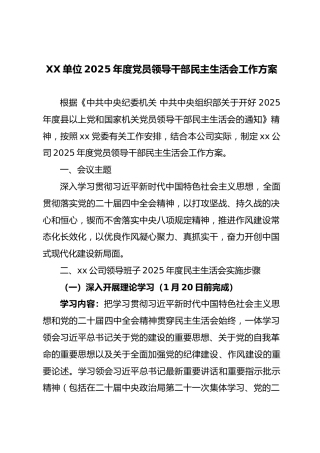 2025年度党员领导干部民主生活会工作方案