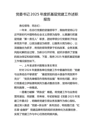 党委书记2025年度抓基层党建工作述职报告（银行金融2）