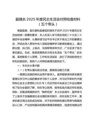 副镇长2025年度民主生活会对照检查材料（五个带头）（2）