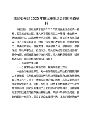镇纪委书记2025年度民主生活会对照检查材料（五个带头）