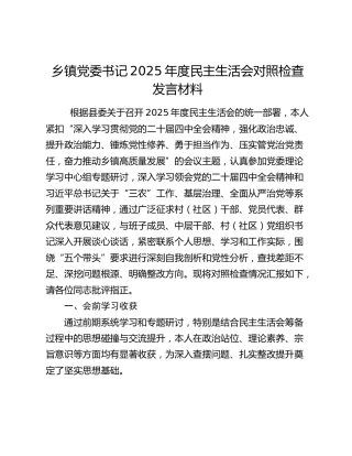 乡镇党委书记2025年度民主生活会对照检查发言材料（会前学习收获+五个带头）