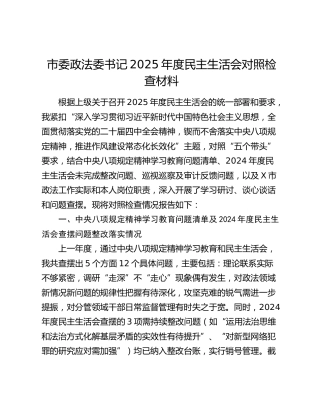 市委政法委书记2025年度民主生活会对照检查材料（八项规定精神学习教育问题清单及上年度查摆问题整改落实情况+五个带头+典型案例剖析）