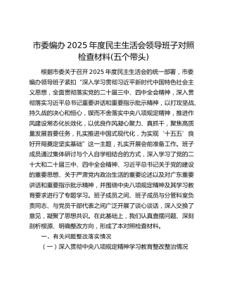 市委编办2025年度民主生活会领导班子对照检查材料(五个带头)