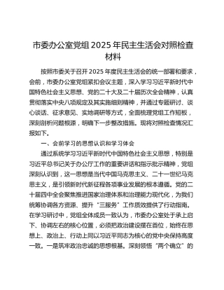 市委办公室党组2025年民主生活会对照检查材料（会前学习的思想认识和学习体会+五个带头）