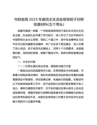 市财政局2025年度民主生活会领导班子对照检查材料(五个带头)