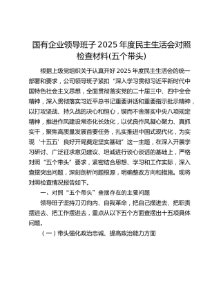 国有企业领导班子2025年度民主生活会对照检查材料(五个带头)