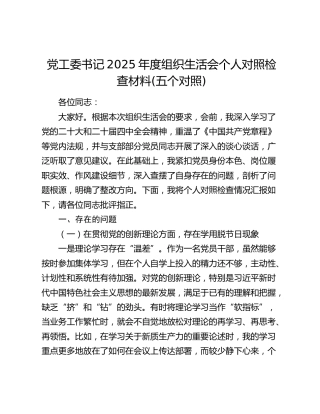党工委书记2025年度组织生活会个人对照检查材料(五个对照)