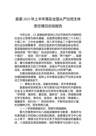 县委2025年上半年落实全面从严治党主体责任情况总结报告