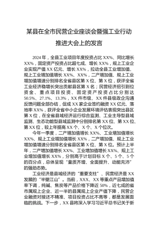 某县在全市民营企业座谈会暨强工业行动推进大会上的发言