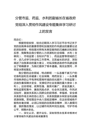 分管市监、药监、水利的副省长在省政府党组深入贯彻作风建设专题集体学习研讨上的发言