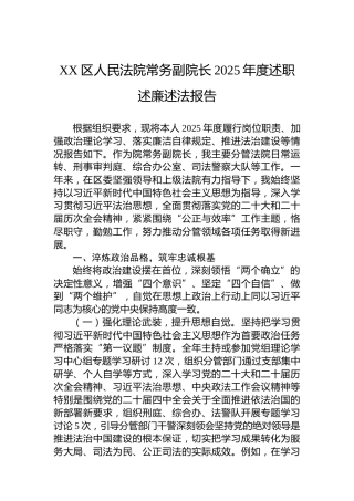 XX区人民法院常务副院长2025年度述职述廉述法报告