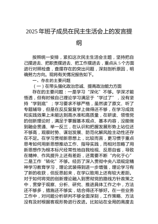 2025年班子成员在民主生活会上的发言提纲