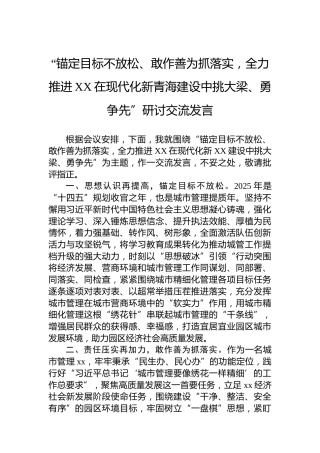 “锚定目标不放松、敢作善为抓落实，全力推进XX在现代化新青海建设中挑大梁、勇争先”研讨交流发言