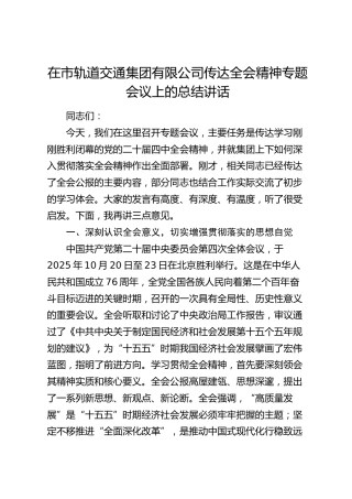 在市轨道交通集团有限公司传达四中全会精神专题会议上的总结讲话（四中）