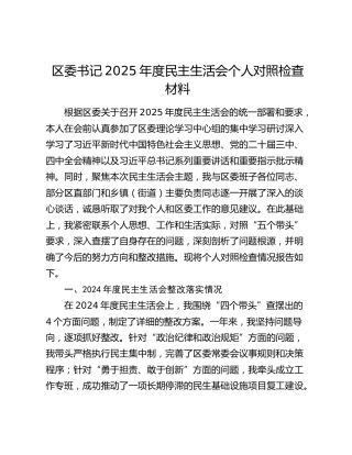 区委书记2025年度民主生活会个人对照检查材料（上年度整改落实情况+五个带头）