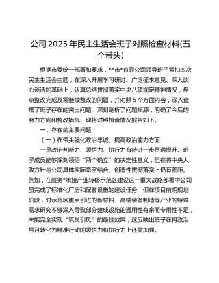 公司2025年民主生活会班子对照检查材料(五个带头)