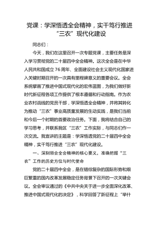 四中全会党课：学深悟透全会精神，实干笃行推进“三农”现代化建设