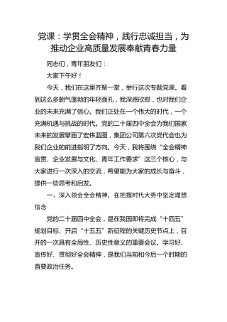 四中全会党课：学贯全会精神，践行忠诚担当，为推动公司高质量发展奉献青春力量