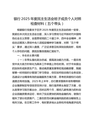 银行2025年度民主生活会班子成员个人对照检查材料（五个带头）
