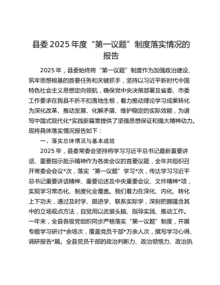 县委2025年度“第一议题”制度落实情况的报告