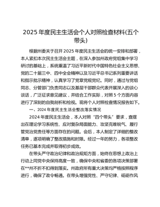 2025年度民主生活会个人对照检查材料(五个带头)