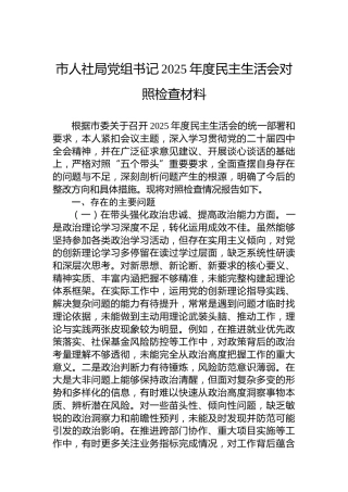 市人社局党组书记2025年度民主生活会对照检查材料