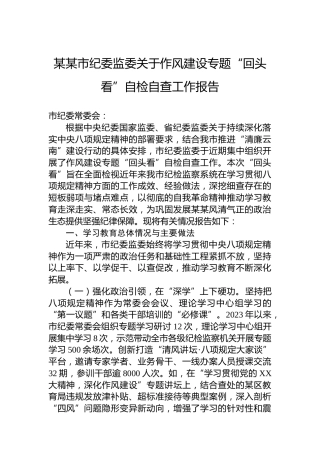 某某市纪委监委关于作风建设专题“回头看”自检自查工作报告