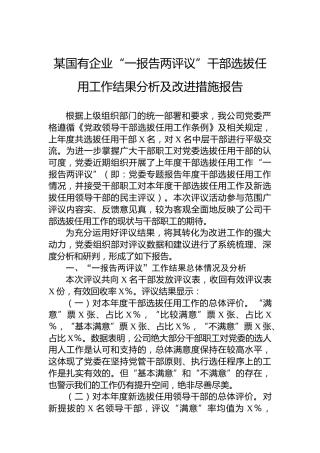 某国有企业“一报告两评议”干部选拔任用工作结果分析及改进措施报告