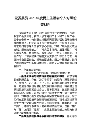 党委委员2025年度民主生活会个人对照检查材料